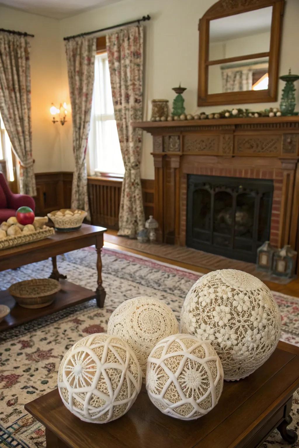 Ornaments enveloped in lace convey vintage sophistication.