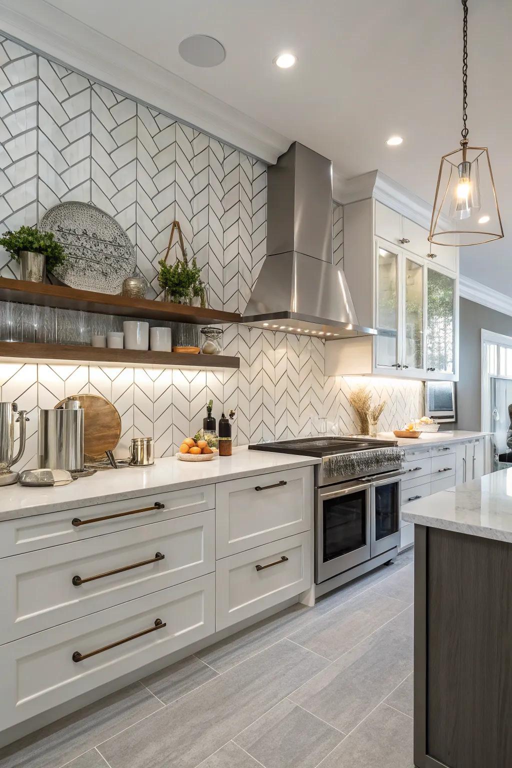 Zigzag elongated tiles add a modern and elegant touch to this cooking space.