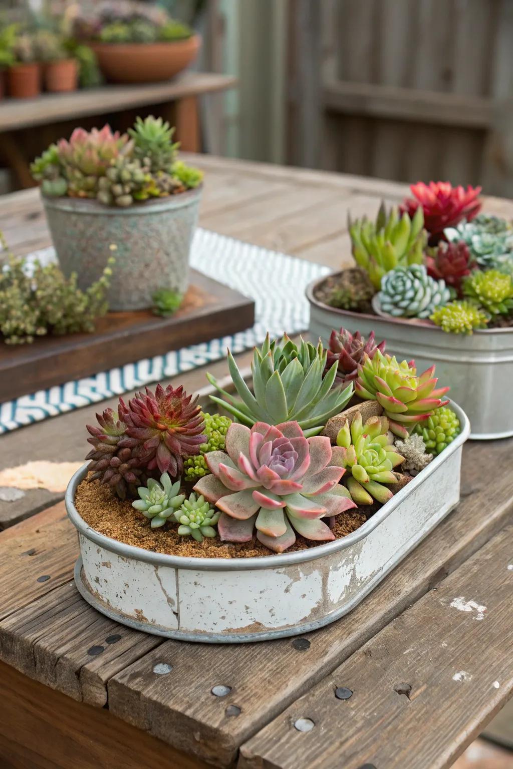 A charming succulent garden presented in vintage repurposed containers.