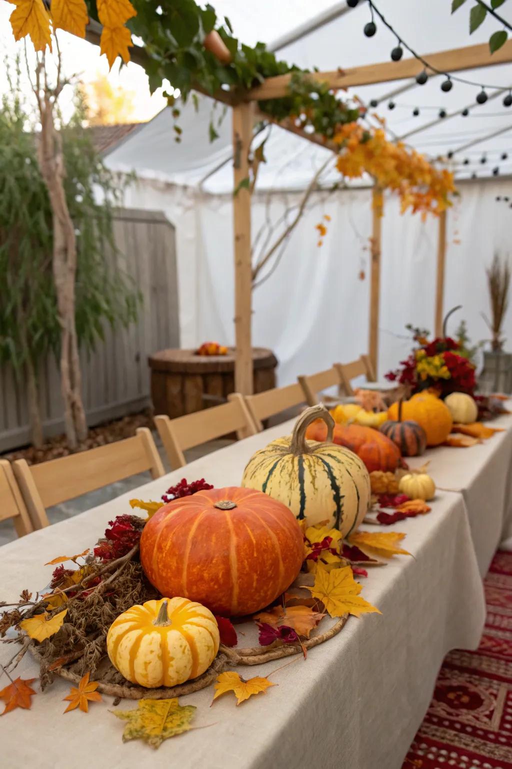 A sukkah table embellished with harvest-themed centerpieces of pumpkins and gourds.