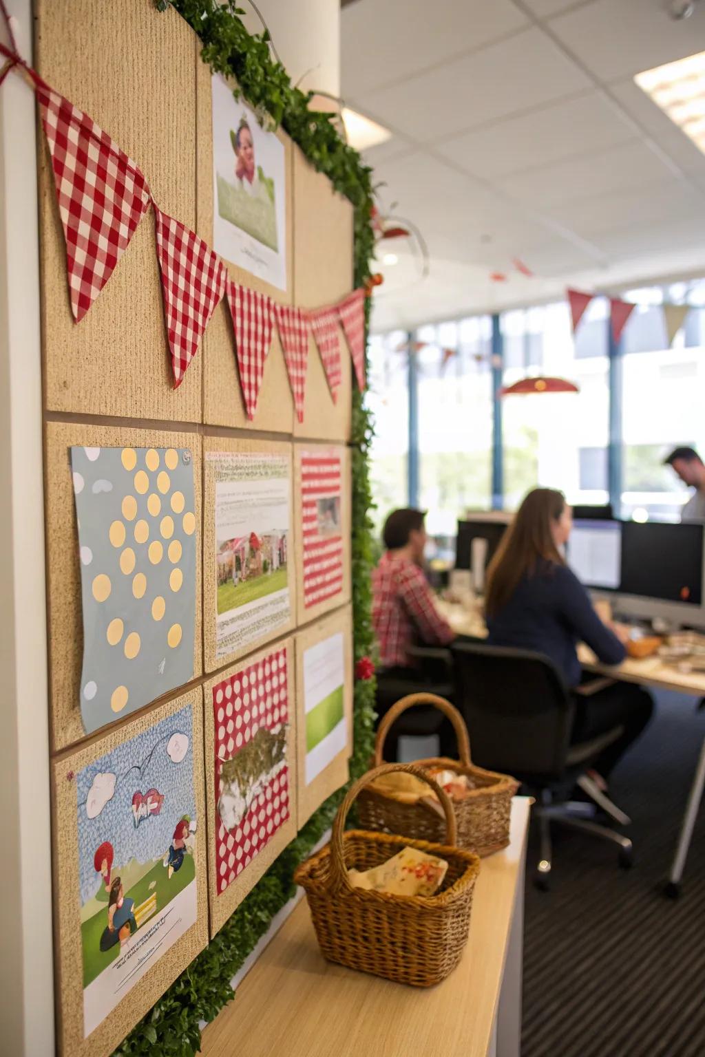 Make a cozy picnic mood using a board featuring checkered fabrics and baskets.