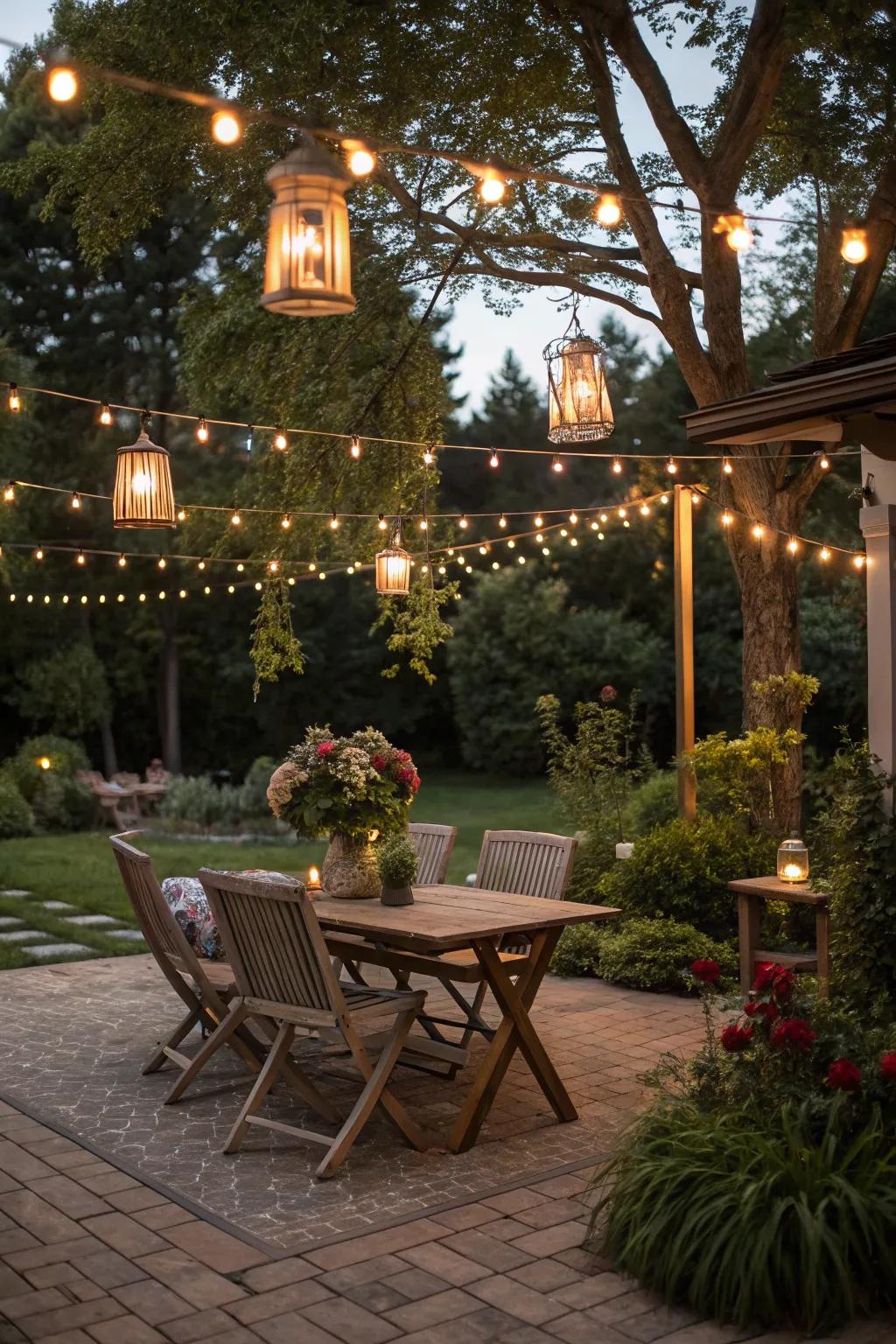 Ambient illumination through fairy lights transforms this patio for evening gatherings.
