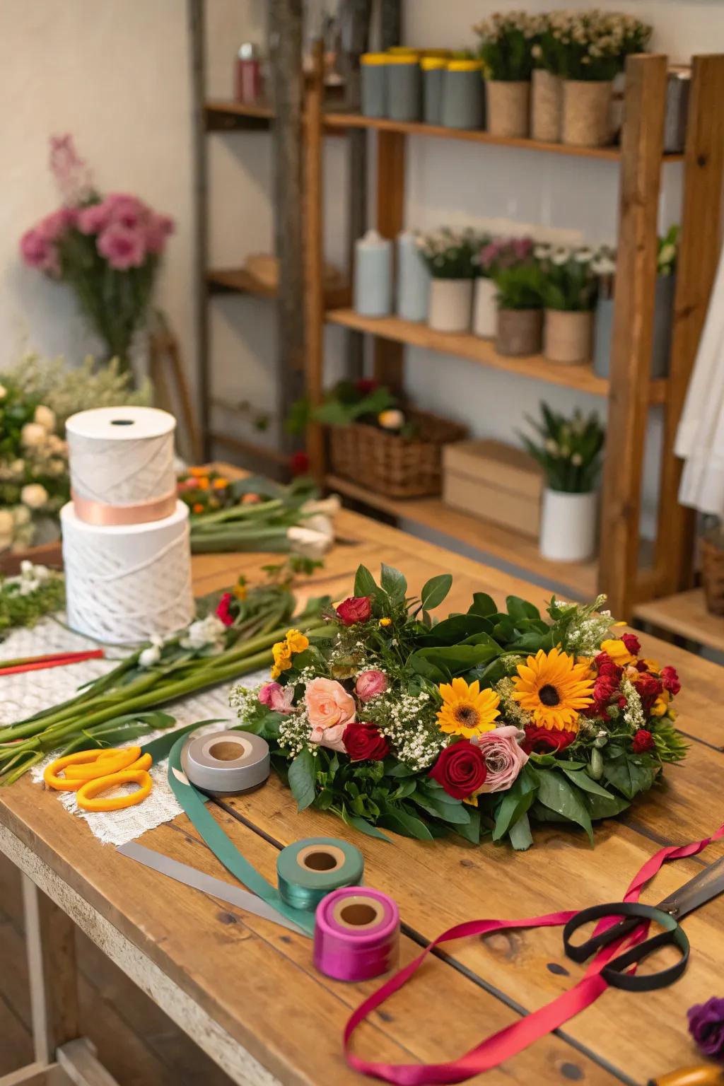 A creative flower crown station for beautiful summer adornments.