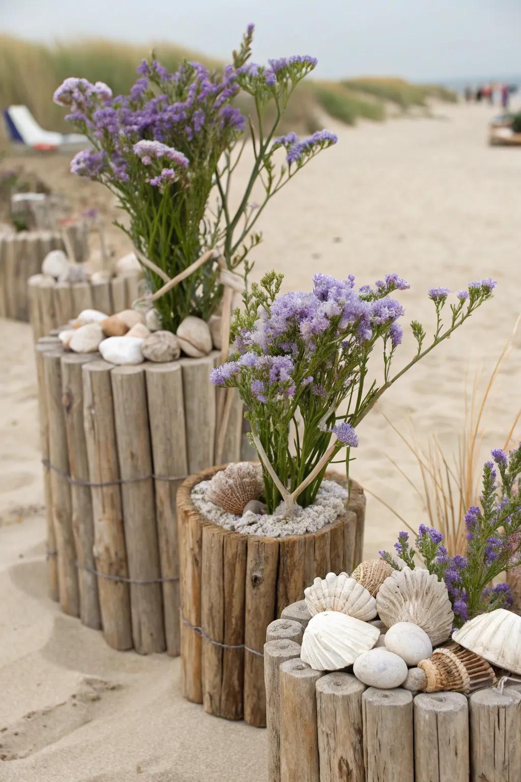 Containers exhibiting flotsam and sea lavender