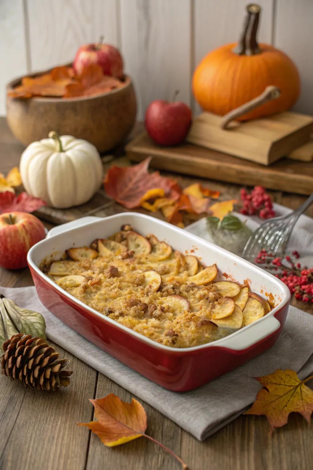 Hearty fruit and cheese bake, a perfect autumn delight.