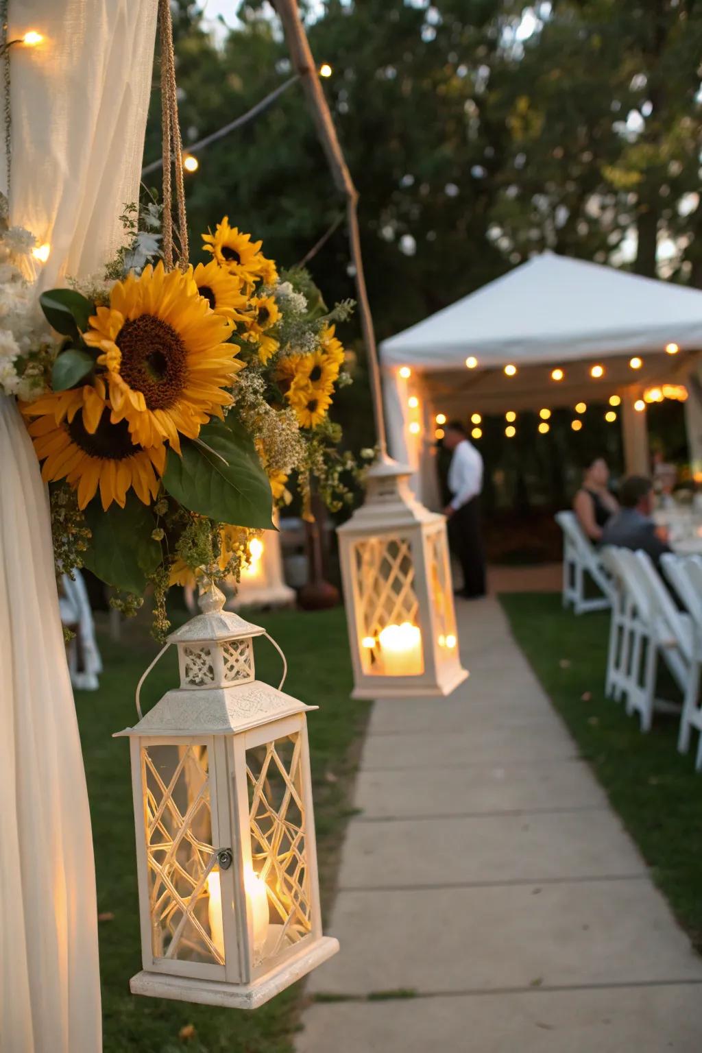 Lanterns decorated with sunflowers creating a magical ambiance.