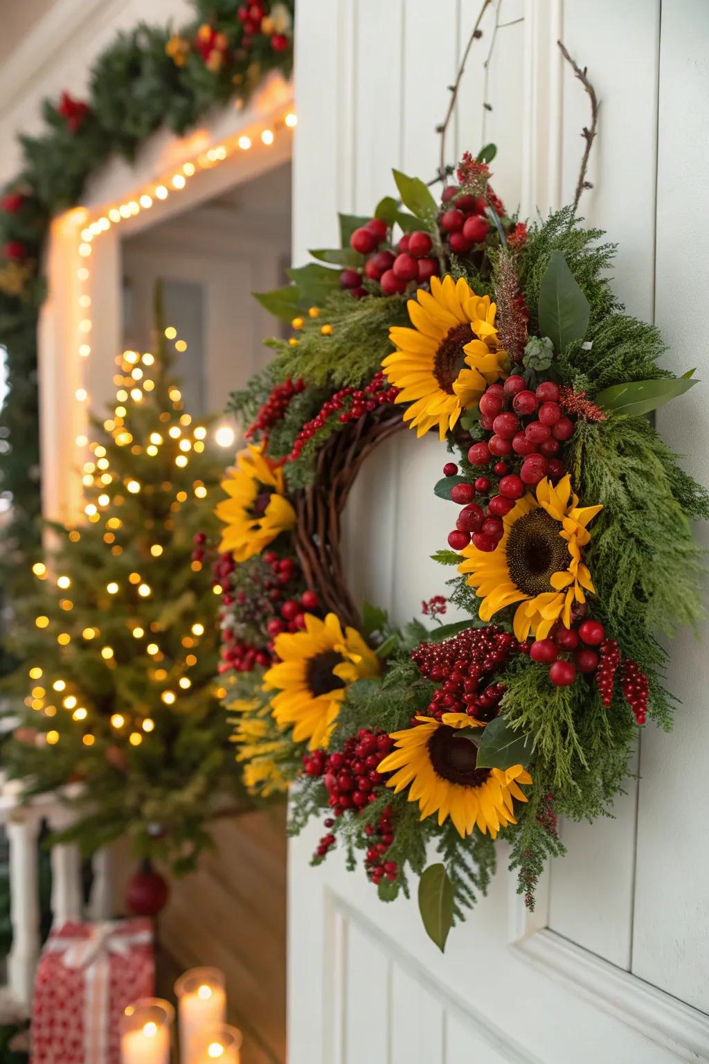 Festive sunflower garland with a vibrant berry chain.