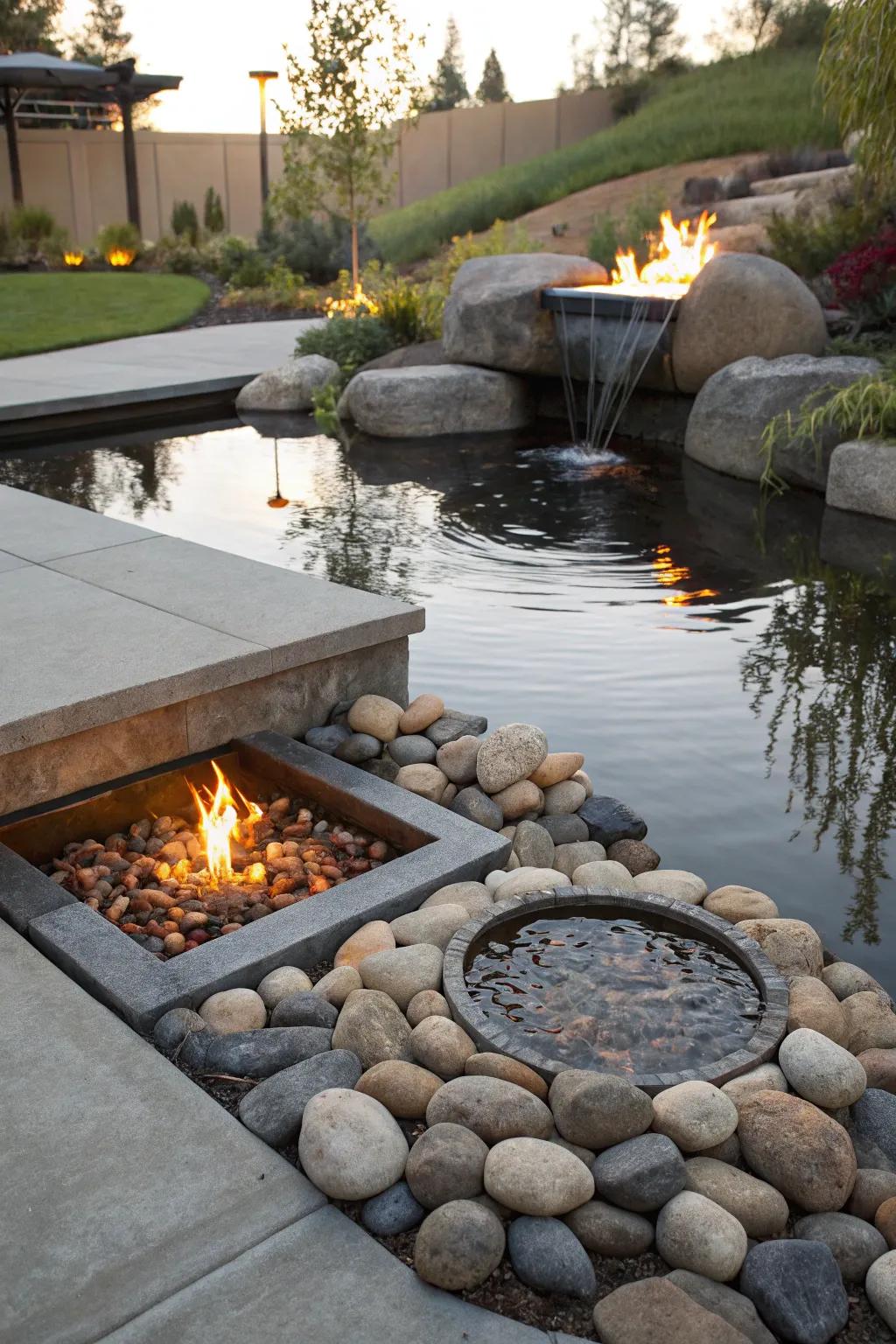 A mirroring water feature enhances this recessed fire pit.
