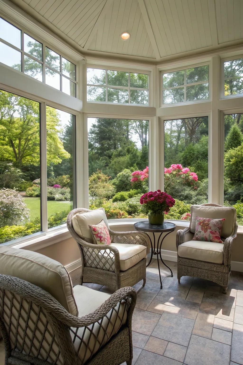 Seating arranged to relish outdoor views connects the sunroom to nature.