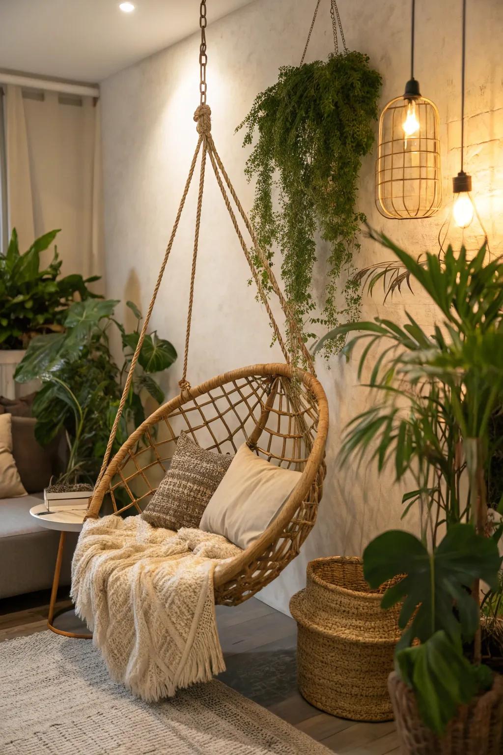 A cane swing creates a peaceful sanctuary.