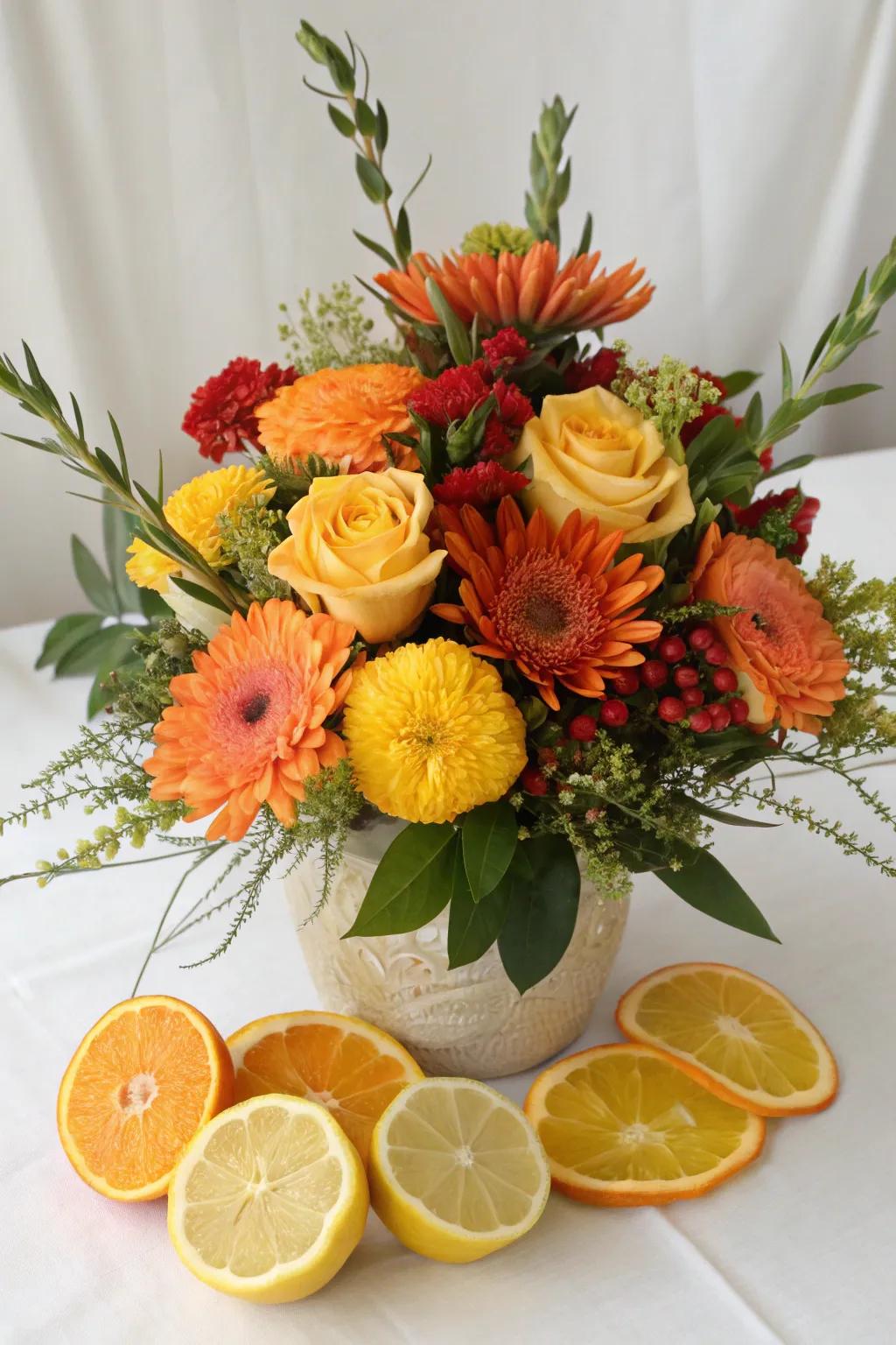 An invigorating centerpiece with floral arrangements and citrus fruits.