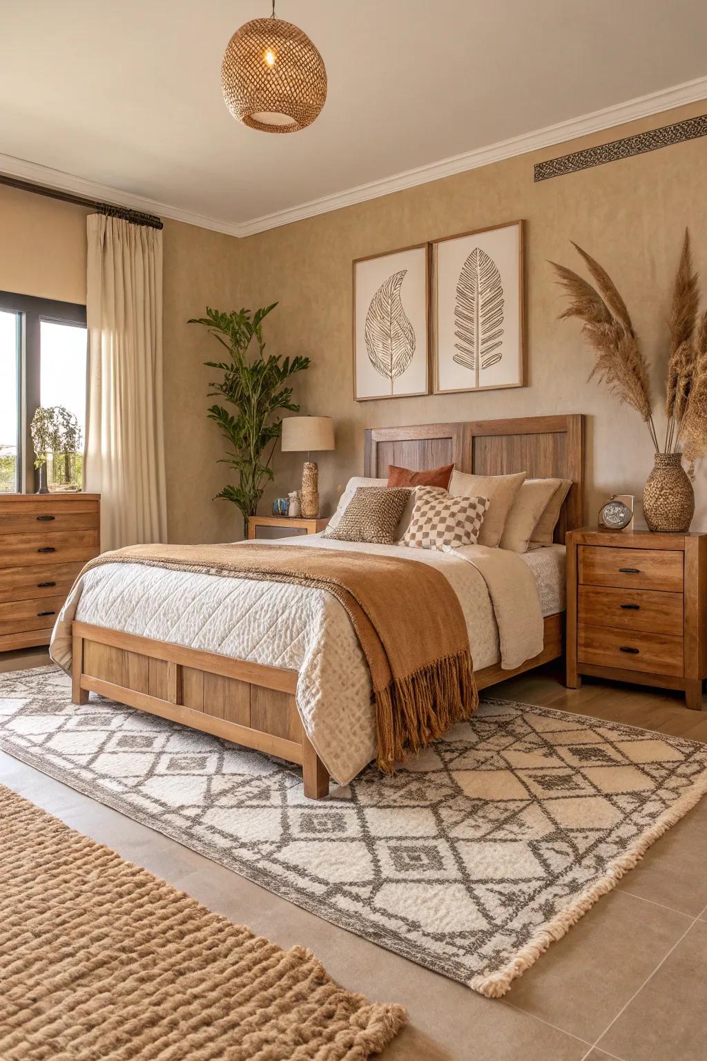 The tan bedroom is given depth and visual intrigue by a variety of textures.