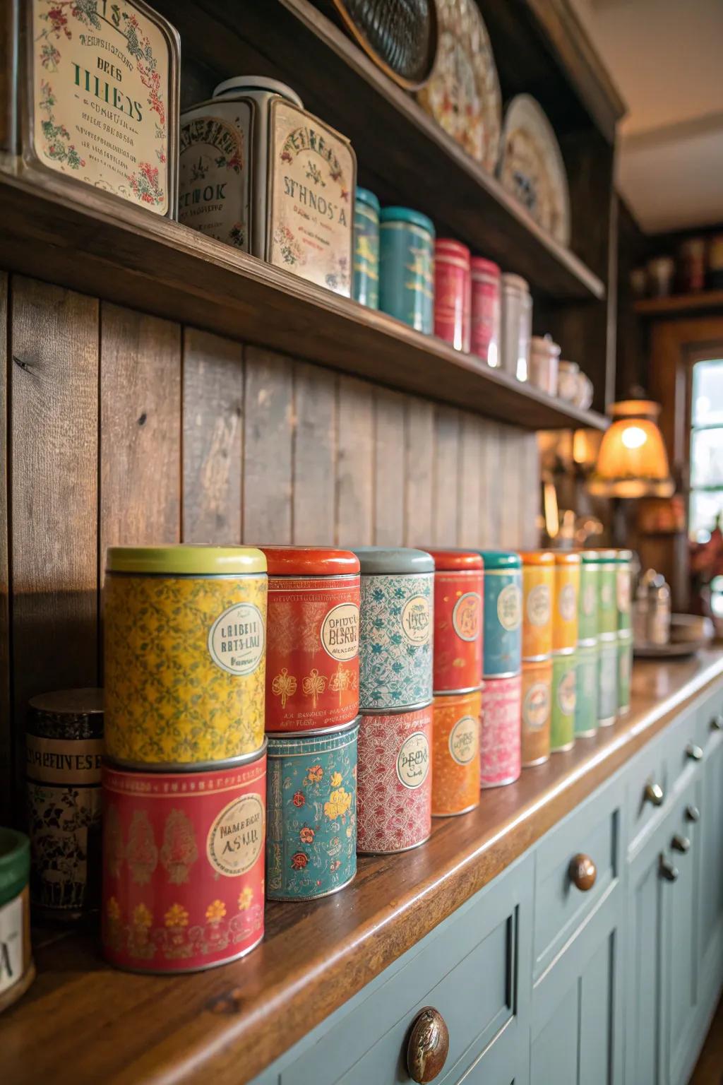 A vibrant gathering of vintage tea tins.