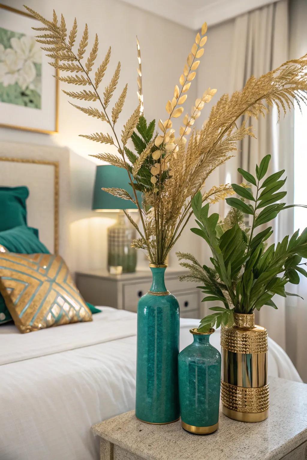 Gilded-sprayed greenery adds a natural yet luxurious touch to this sleeping quarters.