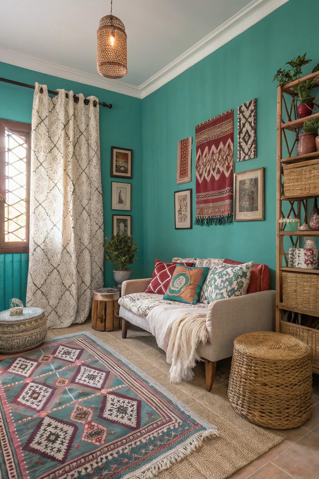 An eclectic decorating style enhanced by teal walls.