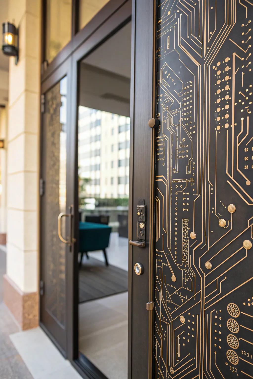 A door featuring intricate circuitry designs for a techy vibe.