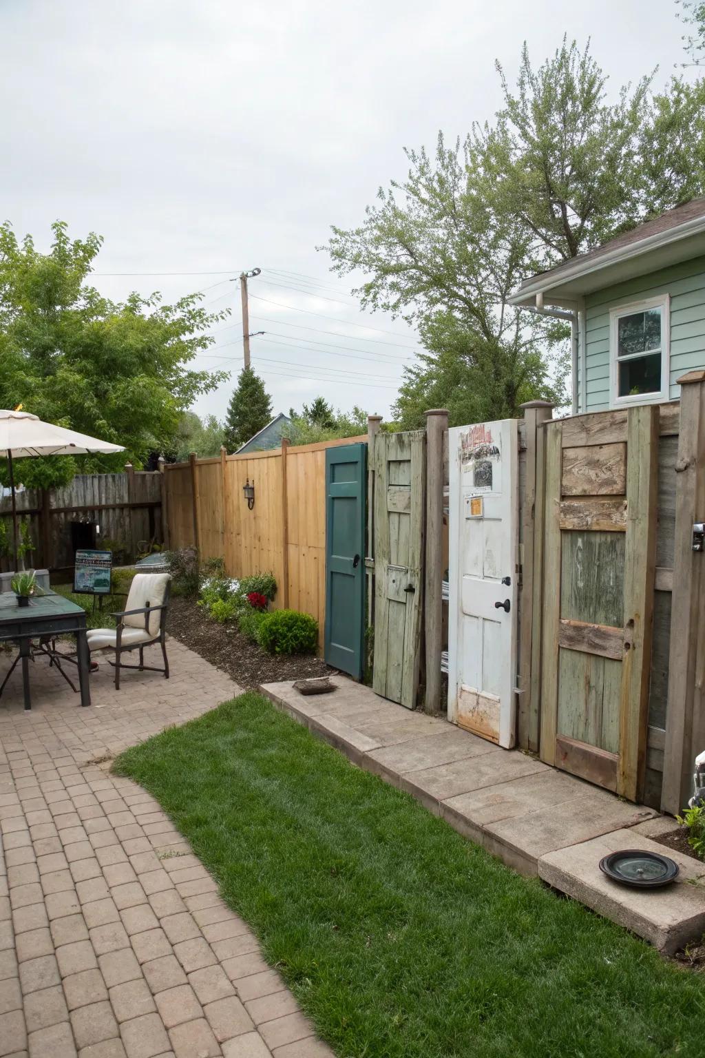 Reclaimed entries create a whimsical and personalized privacy fence.