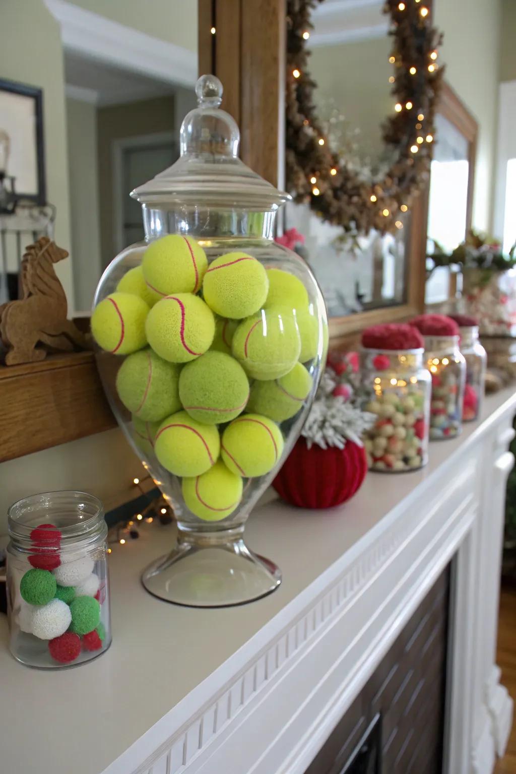Miniature sports spheres in a vase fashion playful elegance.
