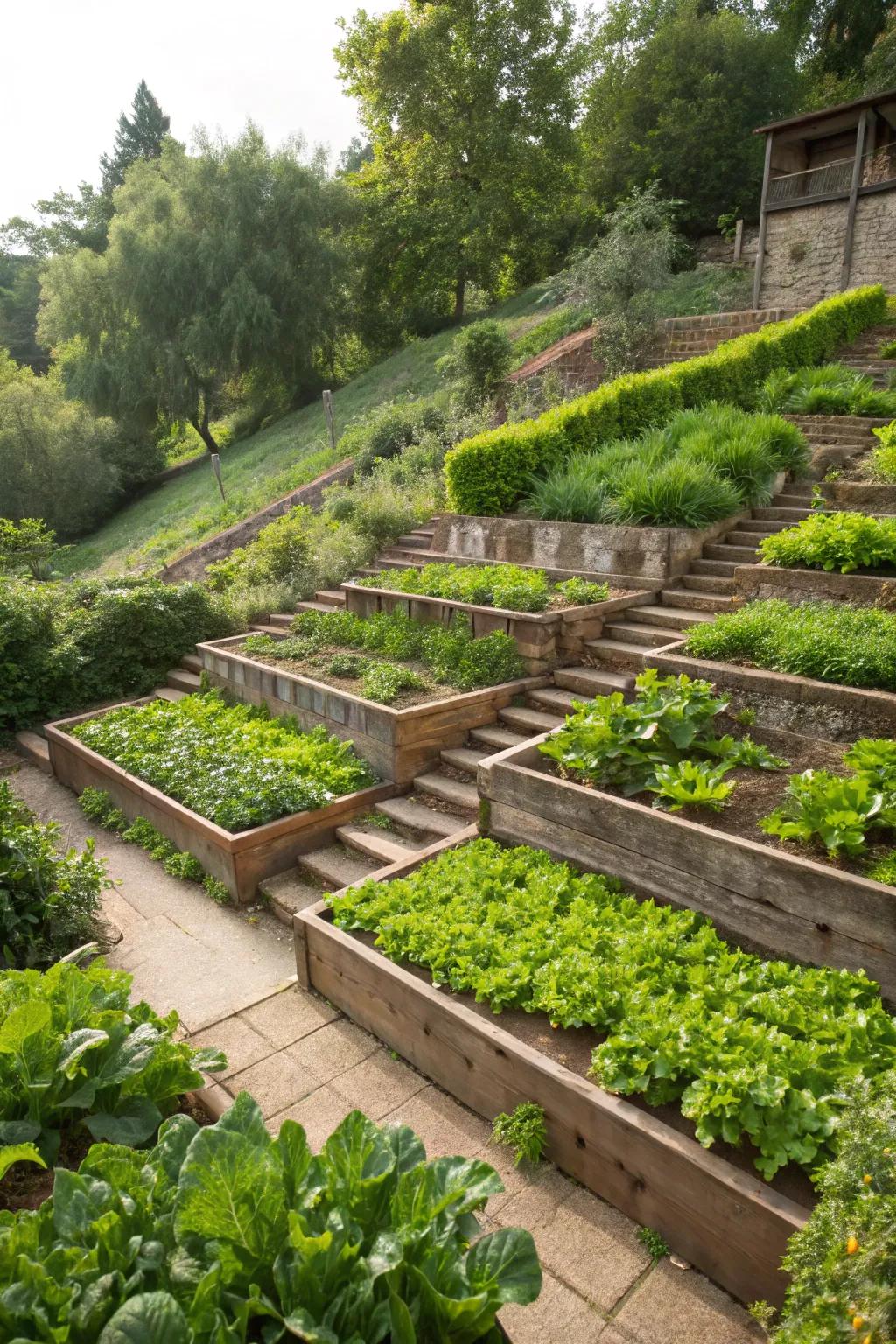 A productive herb garden on a terraced level, combining aesthetics with utility.