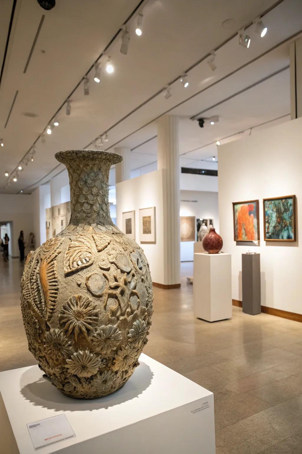 An art piece with sculptural texture draws looks in this modern gallery.