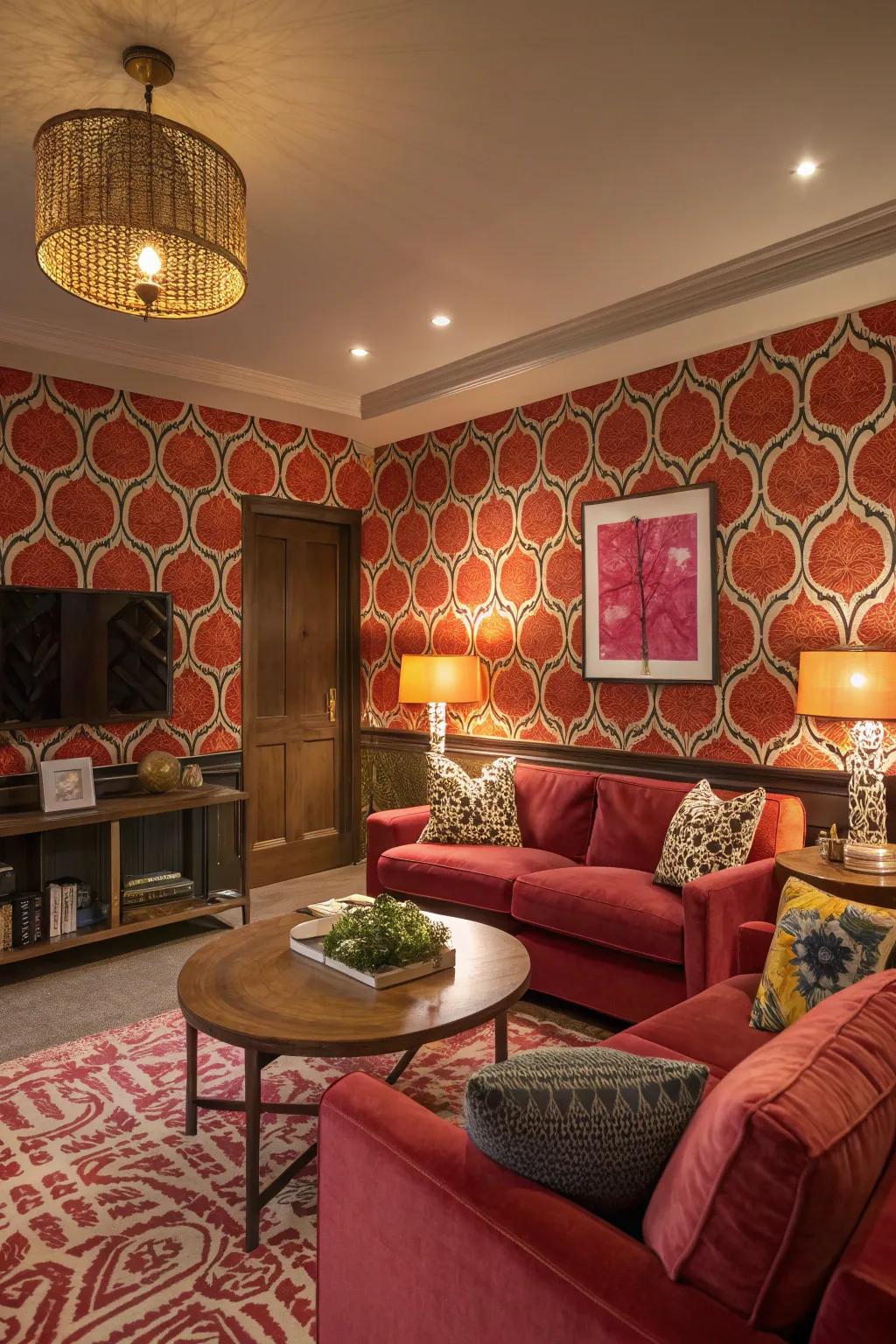 A living room featuring wallpaper with bold patterns.