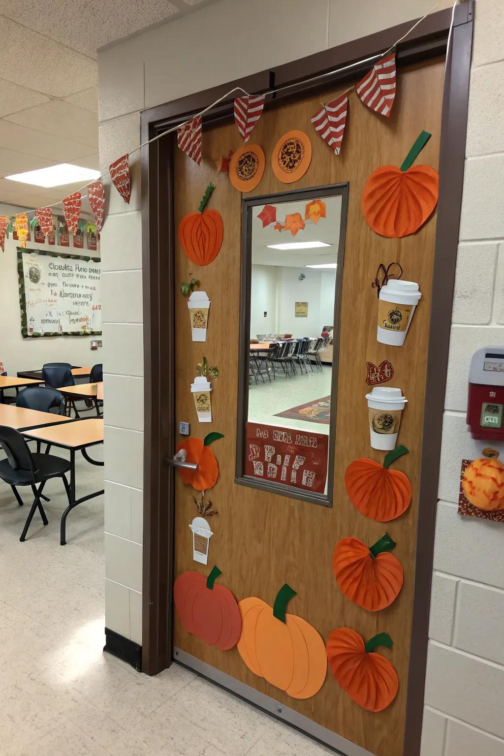 A trendy Gourd Season door exhibit embracing fall flavors.
