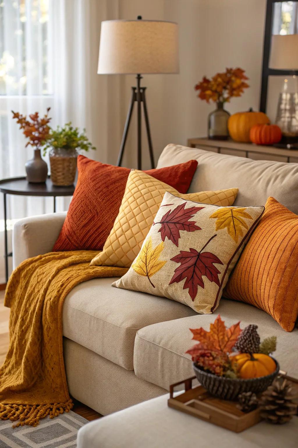 Seasonal throw pillows add warmth and color.