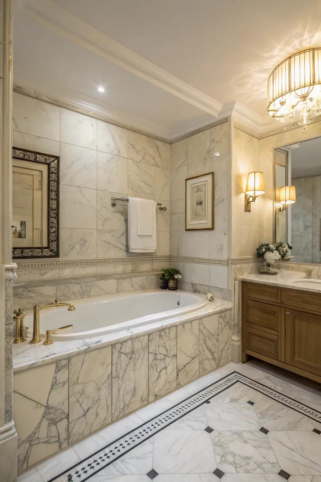 Marble tiles with natural veining provide a hint of elegance and luxury.