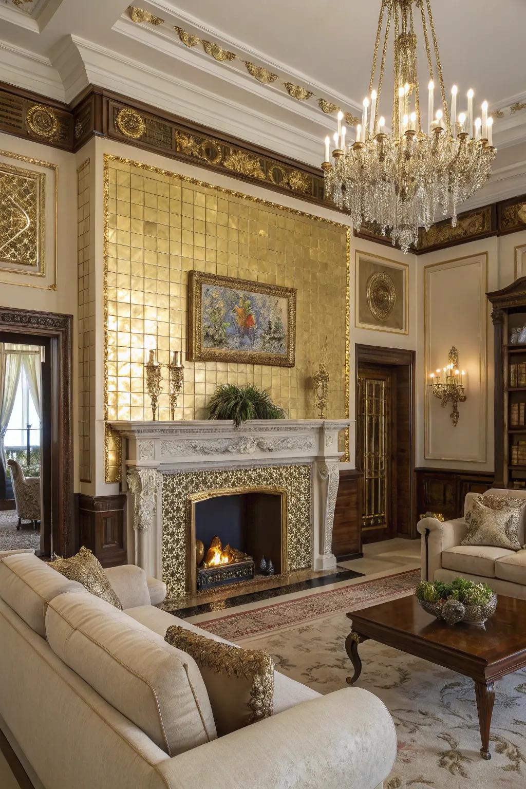 Gold touches add a touch of glamour to this luxurious fireplace.
