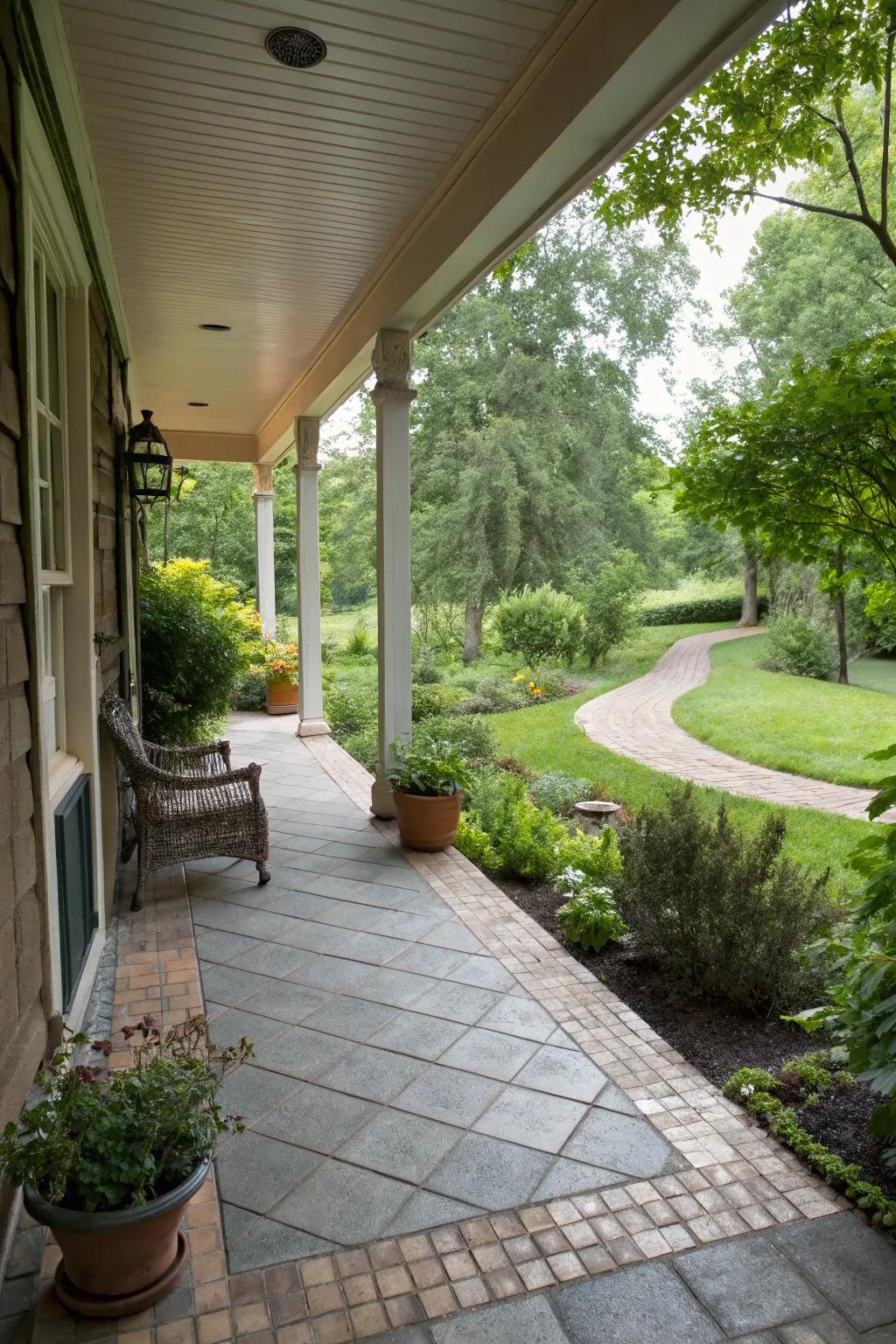 Open air stone create an organic transition from the garden to the porch.