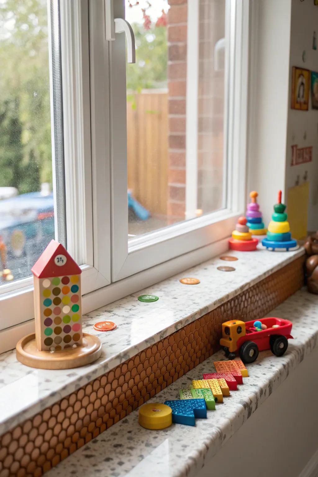 Round tiles add a playful and whimsical touch to this kid's playroom window sill.