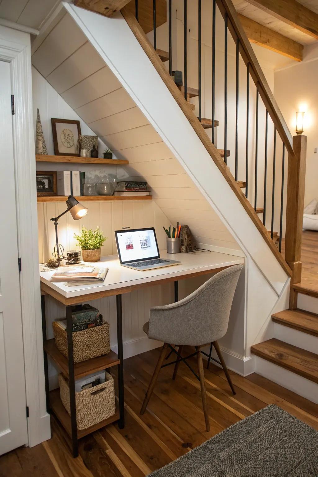 Spaces under the stairs can be turned into creative work areas.