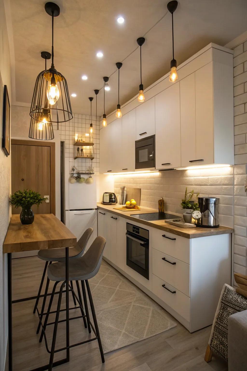 Ingenious lighting fixtures impart coziness and flair to a small culinary space.