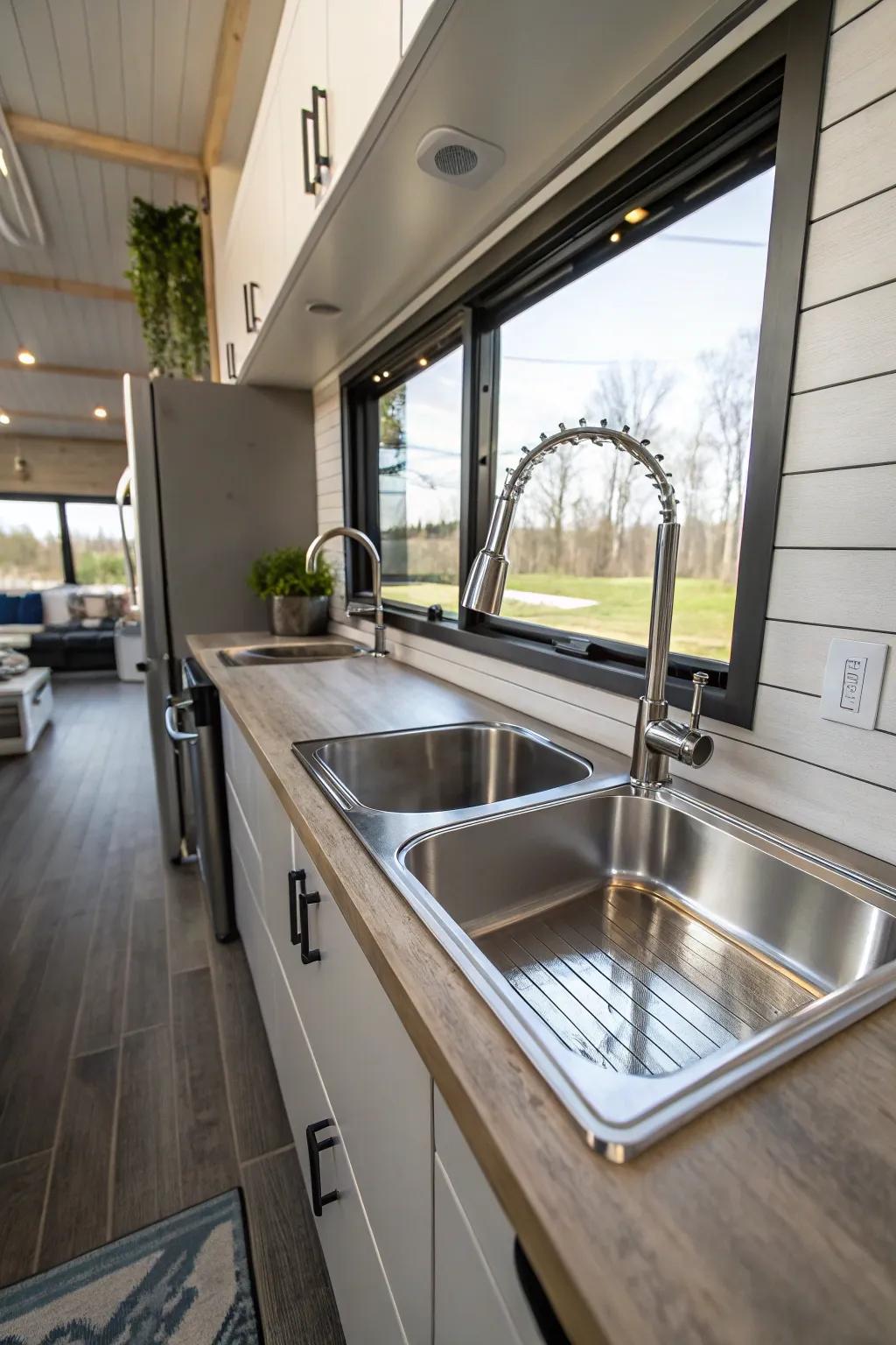 A stainless steel sink adding durability and style to a compact house kitchen.