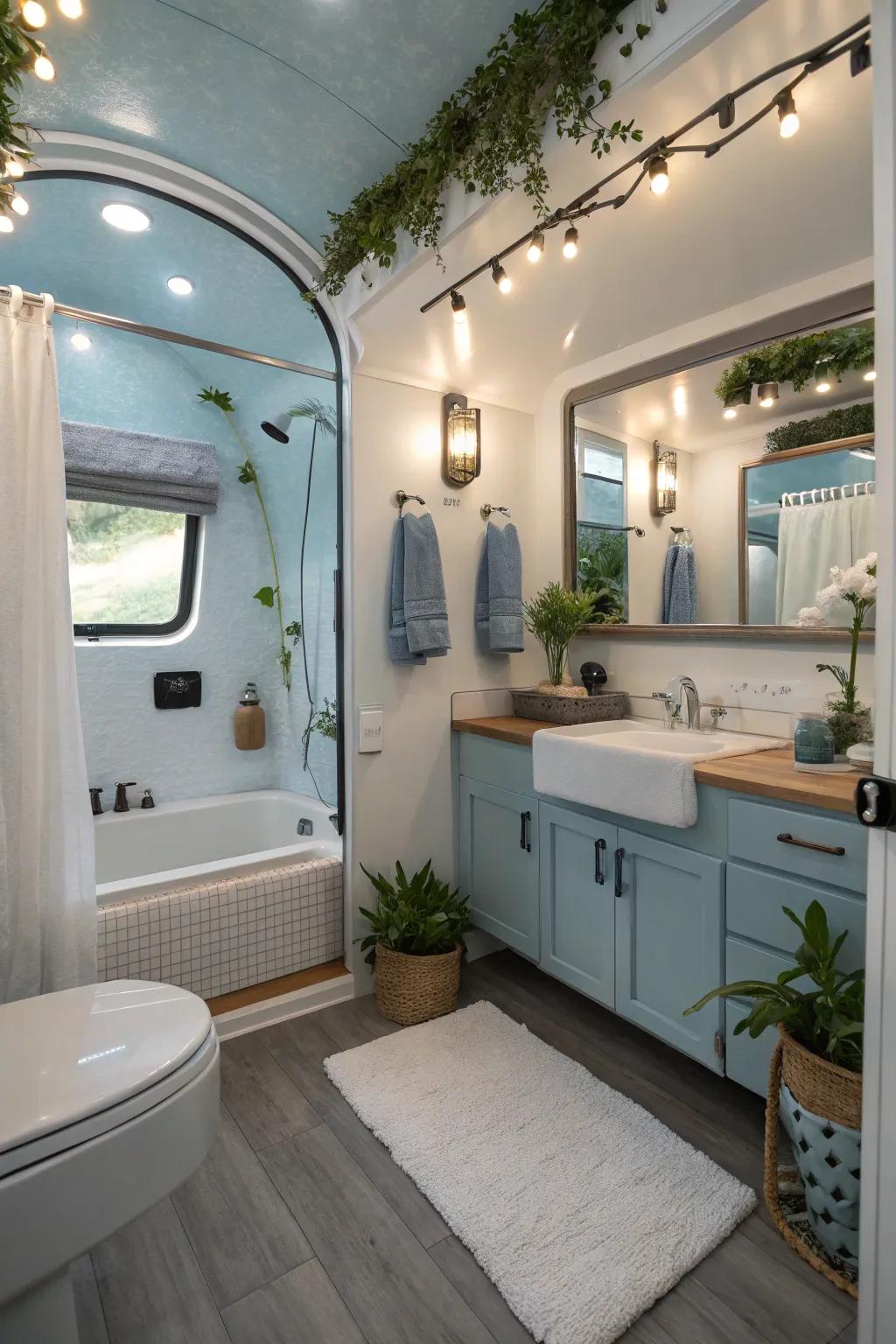 This travel trailer bathroom is designed to be calming and spa-like.