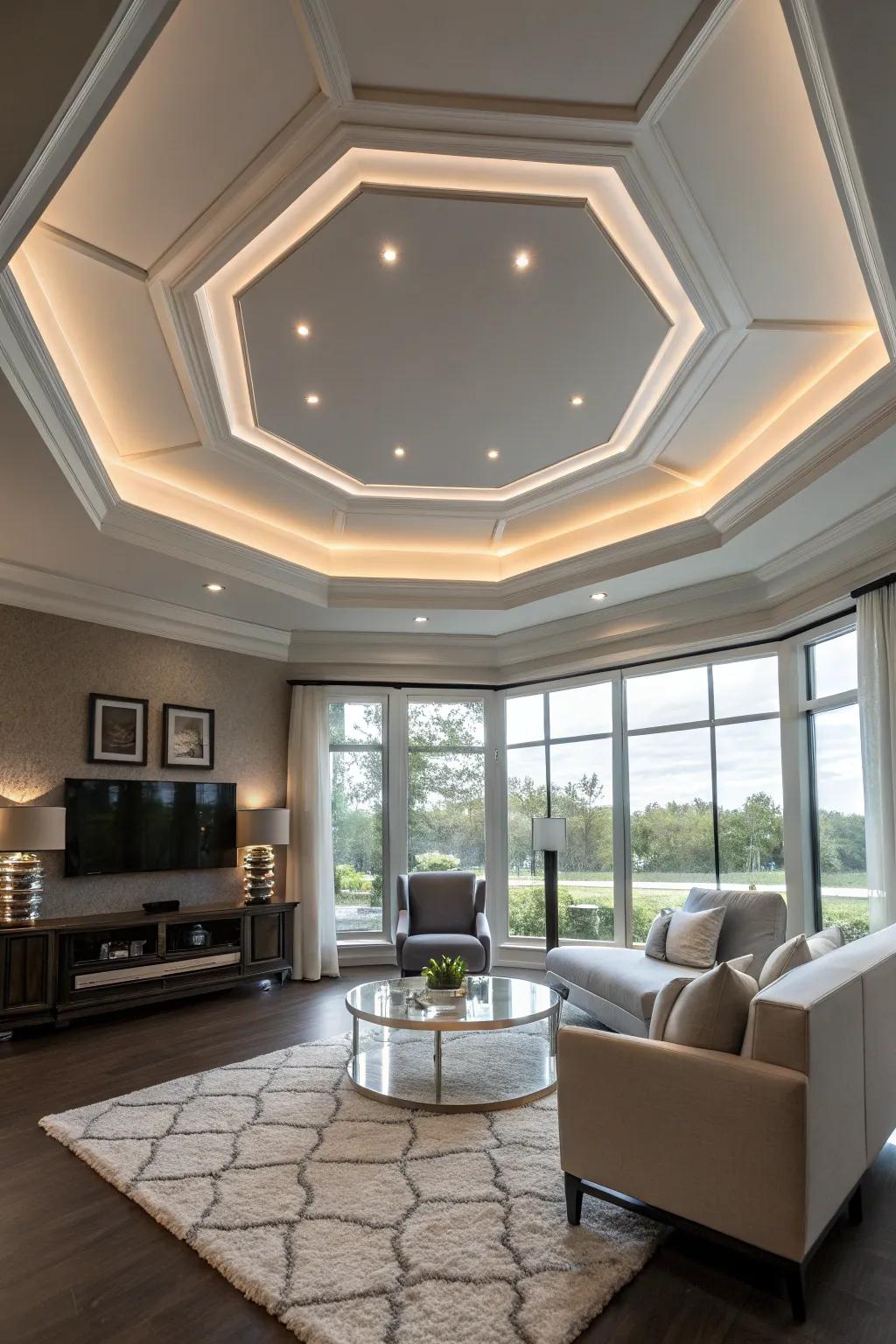 A modern room featuring an eight-sided tray ceiling.