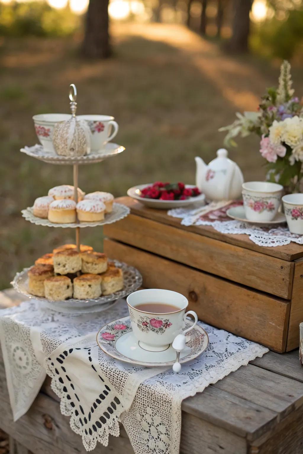 Retro tea celebration featuring cups and shortcakes.
