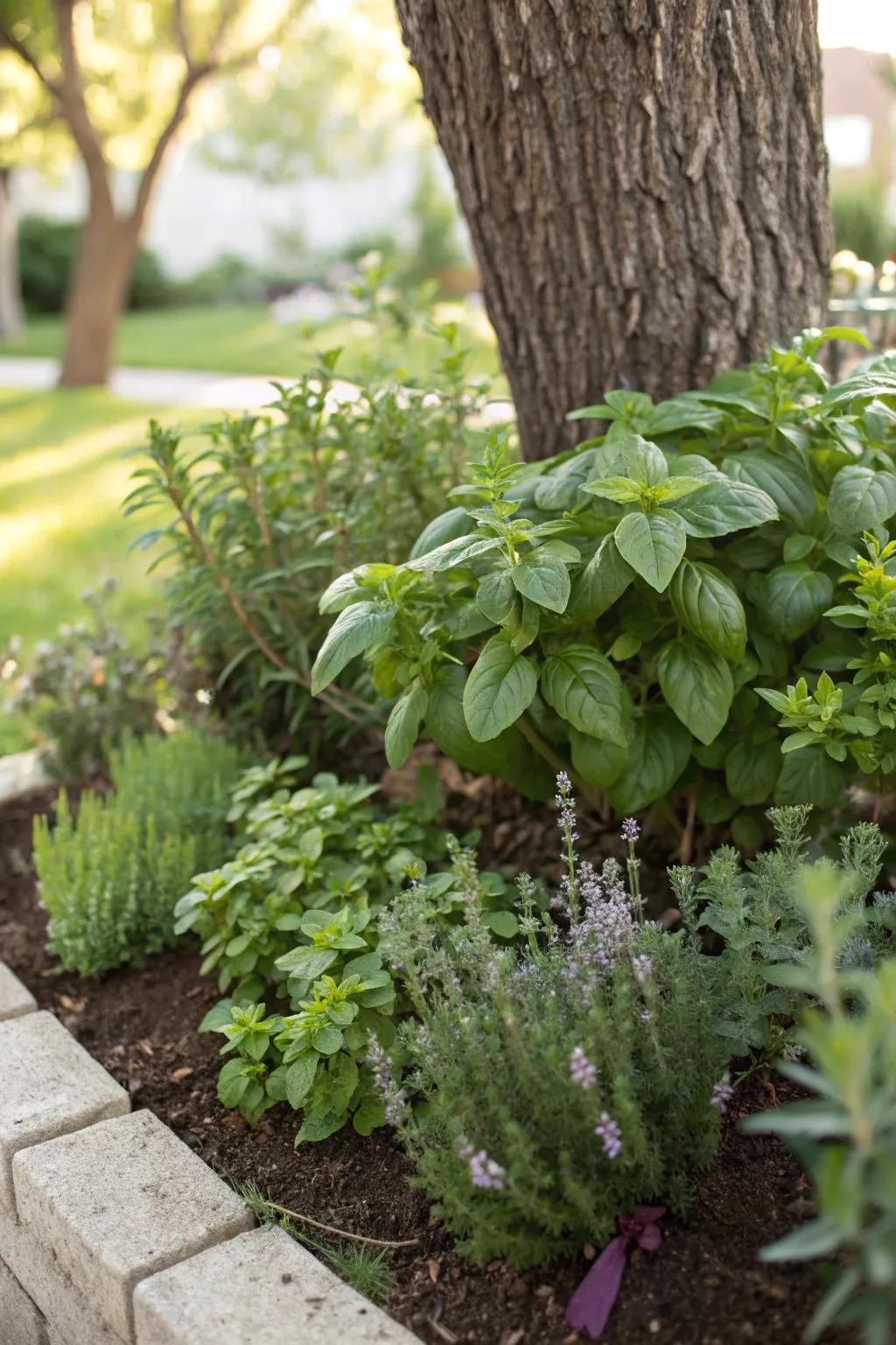 A mini herb patch contributes fragrance and practicality.