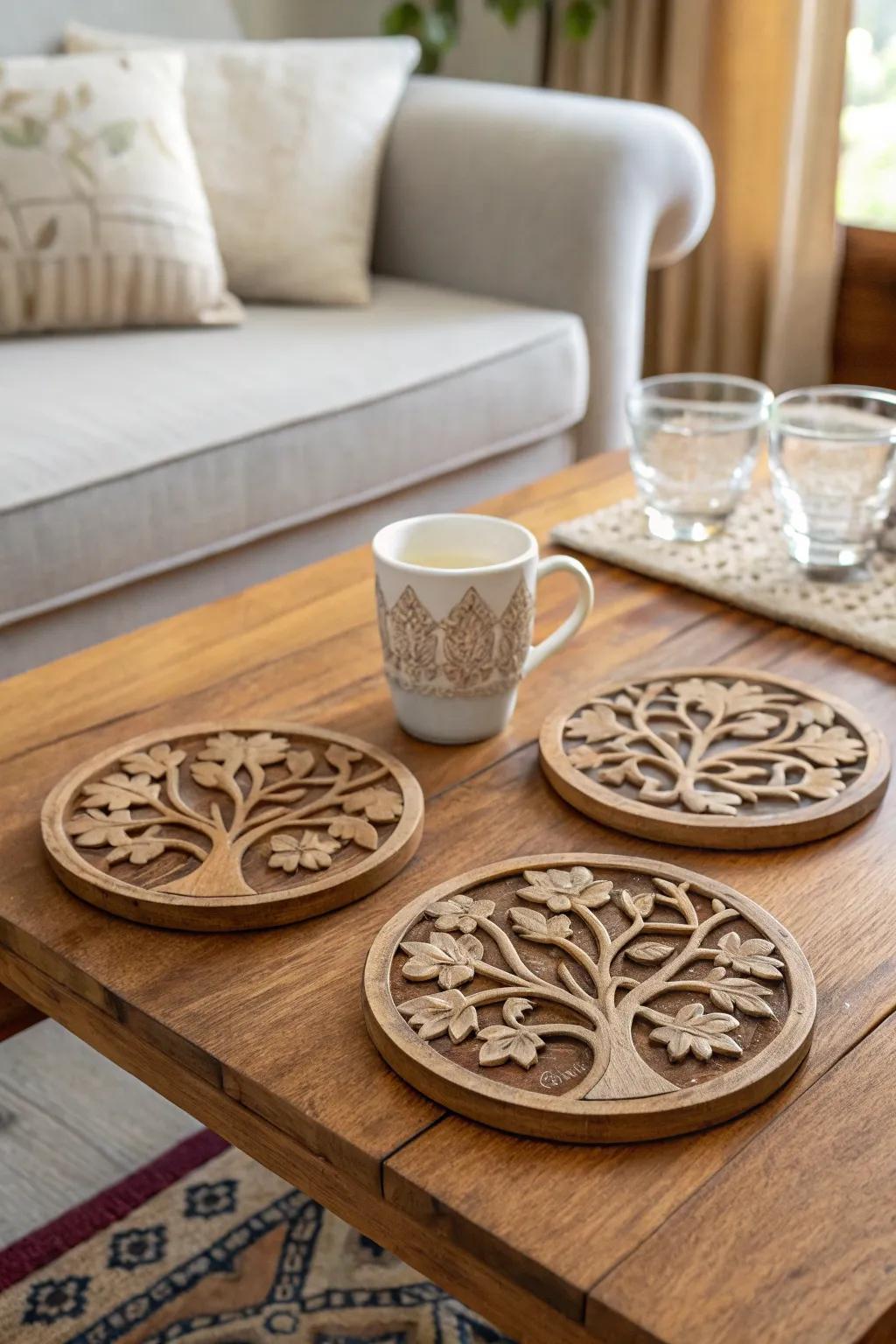 Arbor Vitae coasters add charm and protection to a coffee table.