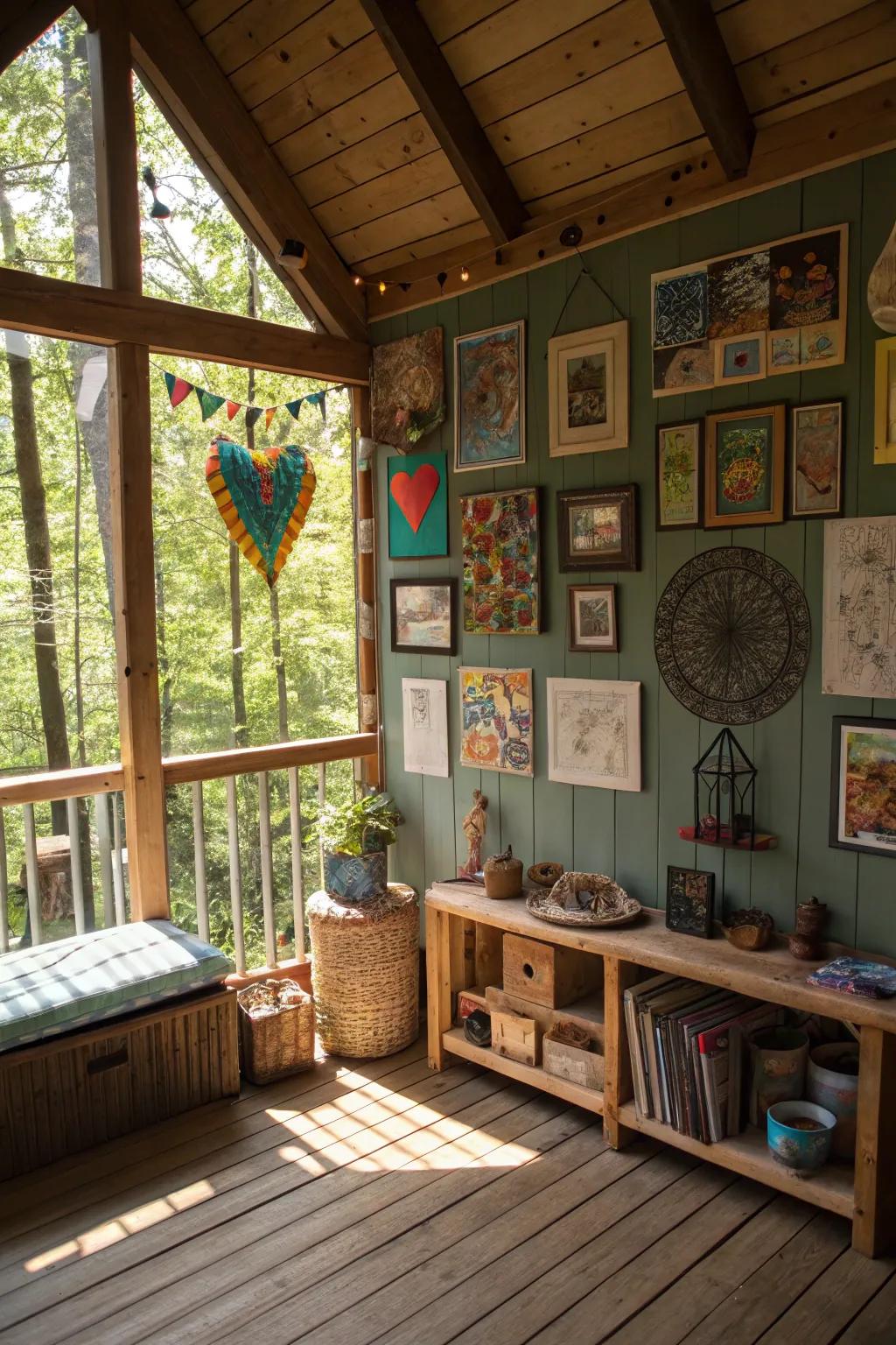 An art display wall inside a treehouse, showcasing creativity and adding a personal touch.