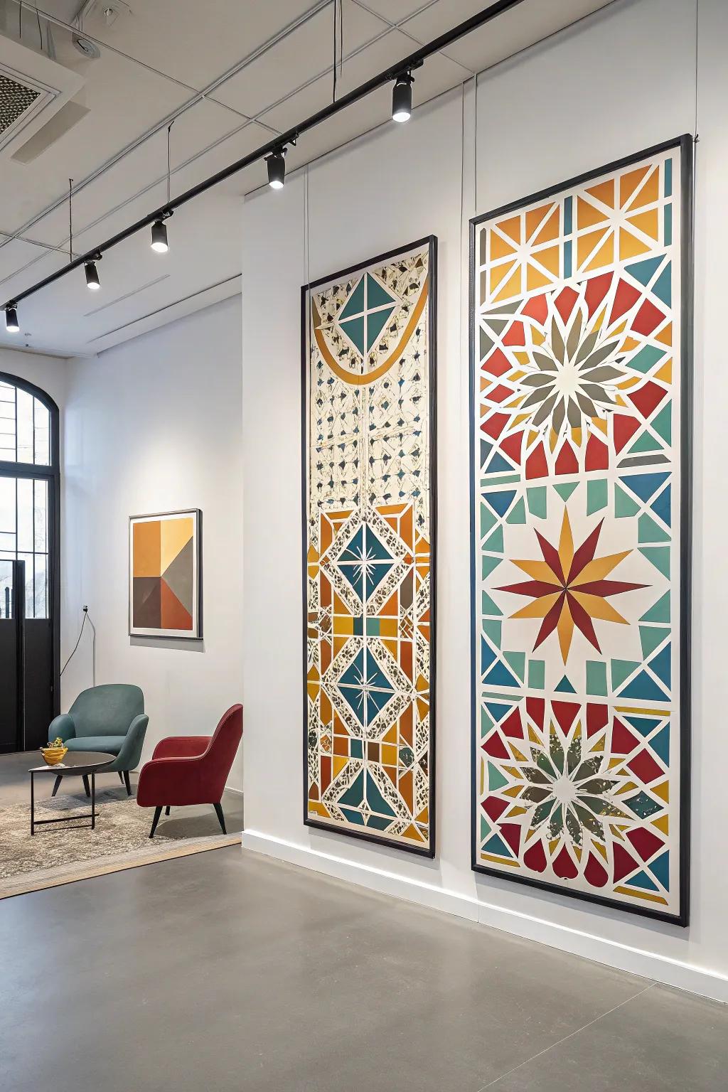 Modern geometrical patterns in a playful triptych.