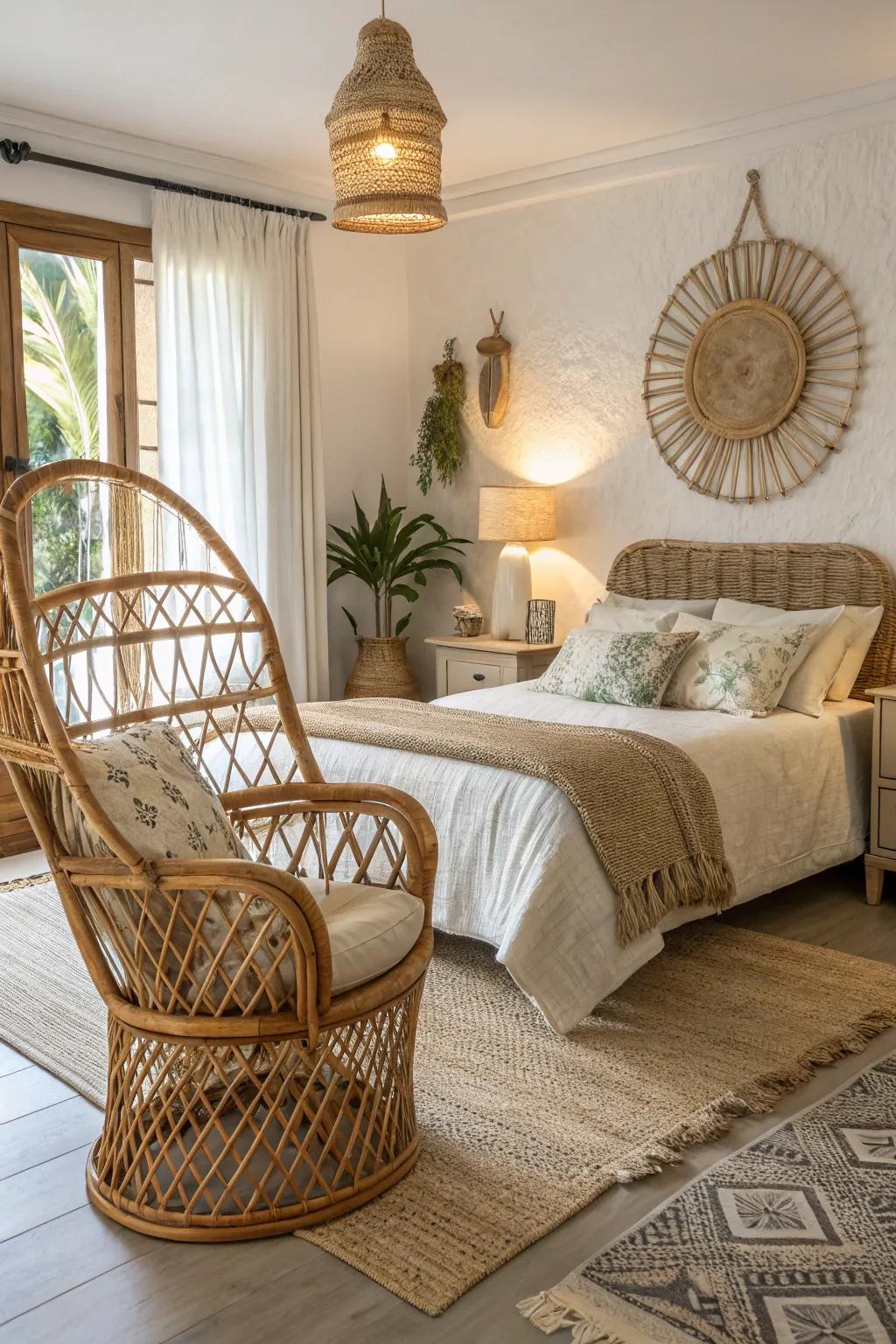 Rattan highlights bring texture and warmth to your bedroom.