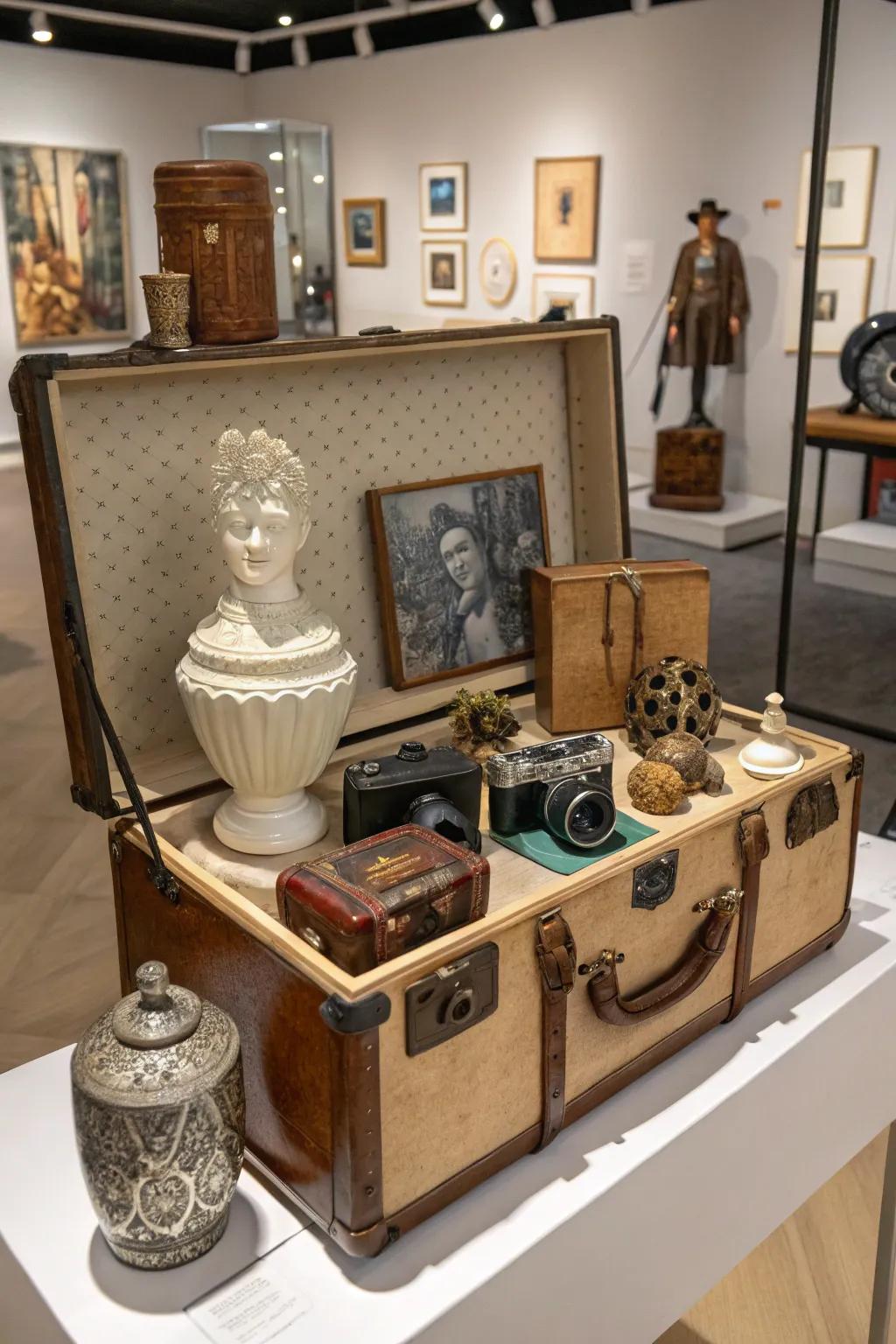 A trunk transforms into an artistic foundation, accentuating cherished décor items.
