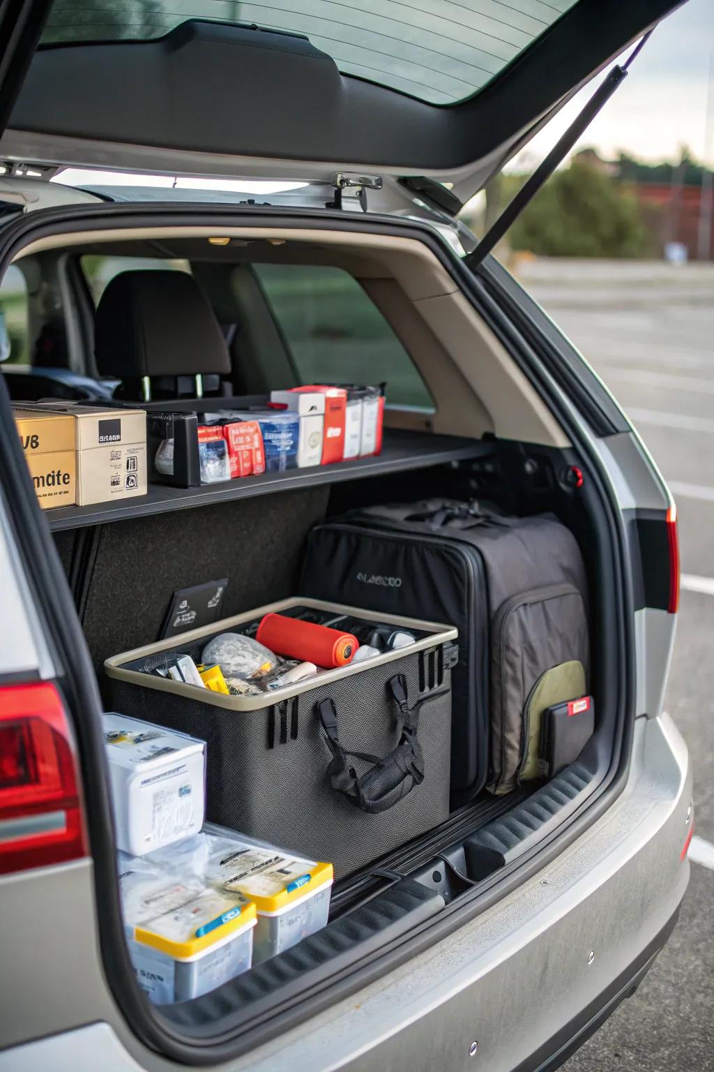 Underfloor storage sections for hidden yet accessible trunk arrangement.
