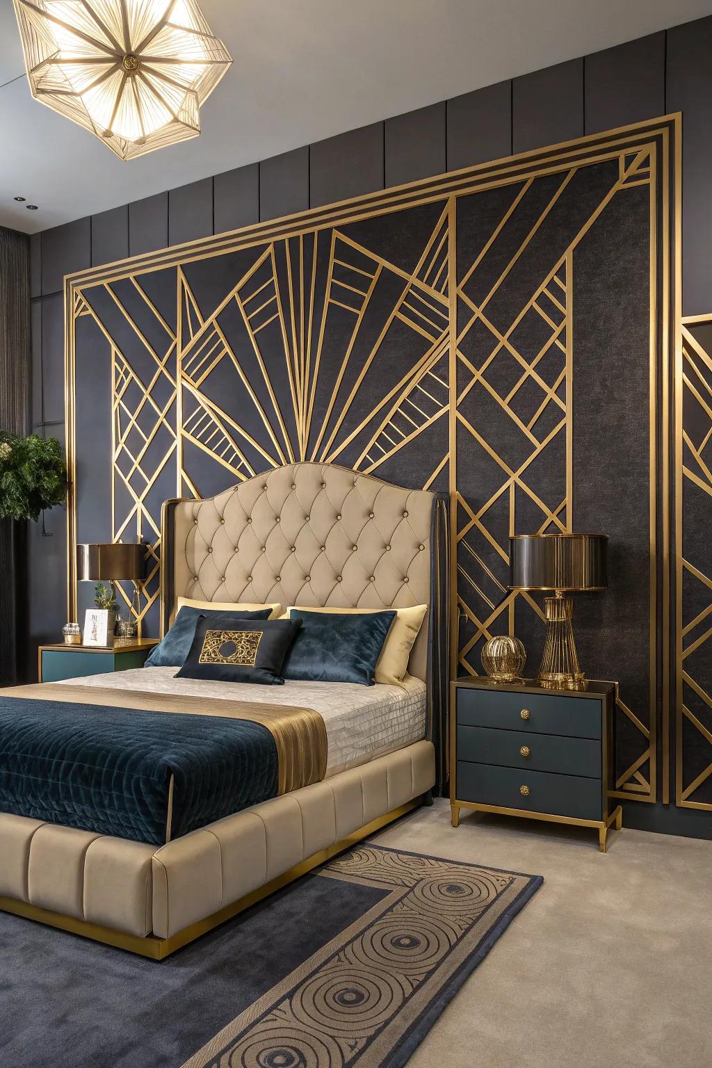 An Art Deco bedroom showcasing a striking tufted headboard.
