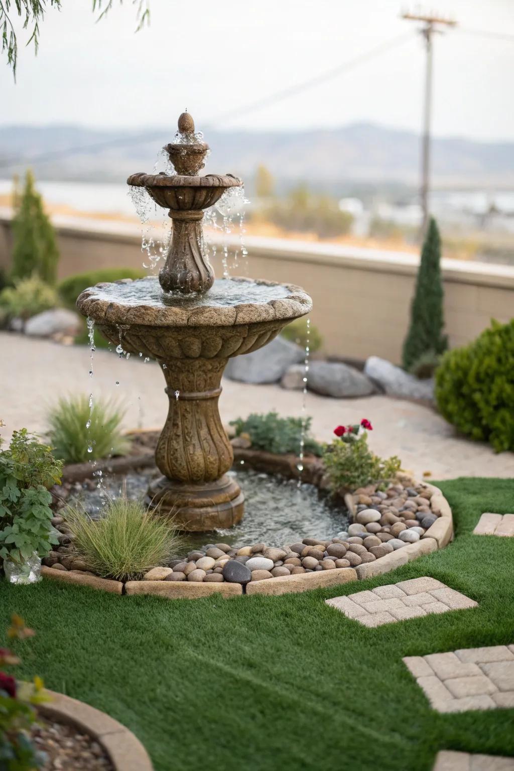 A tranquil water element encased by turf.