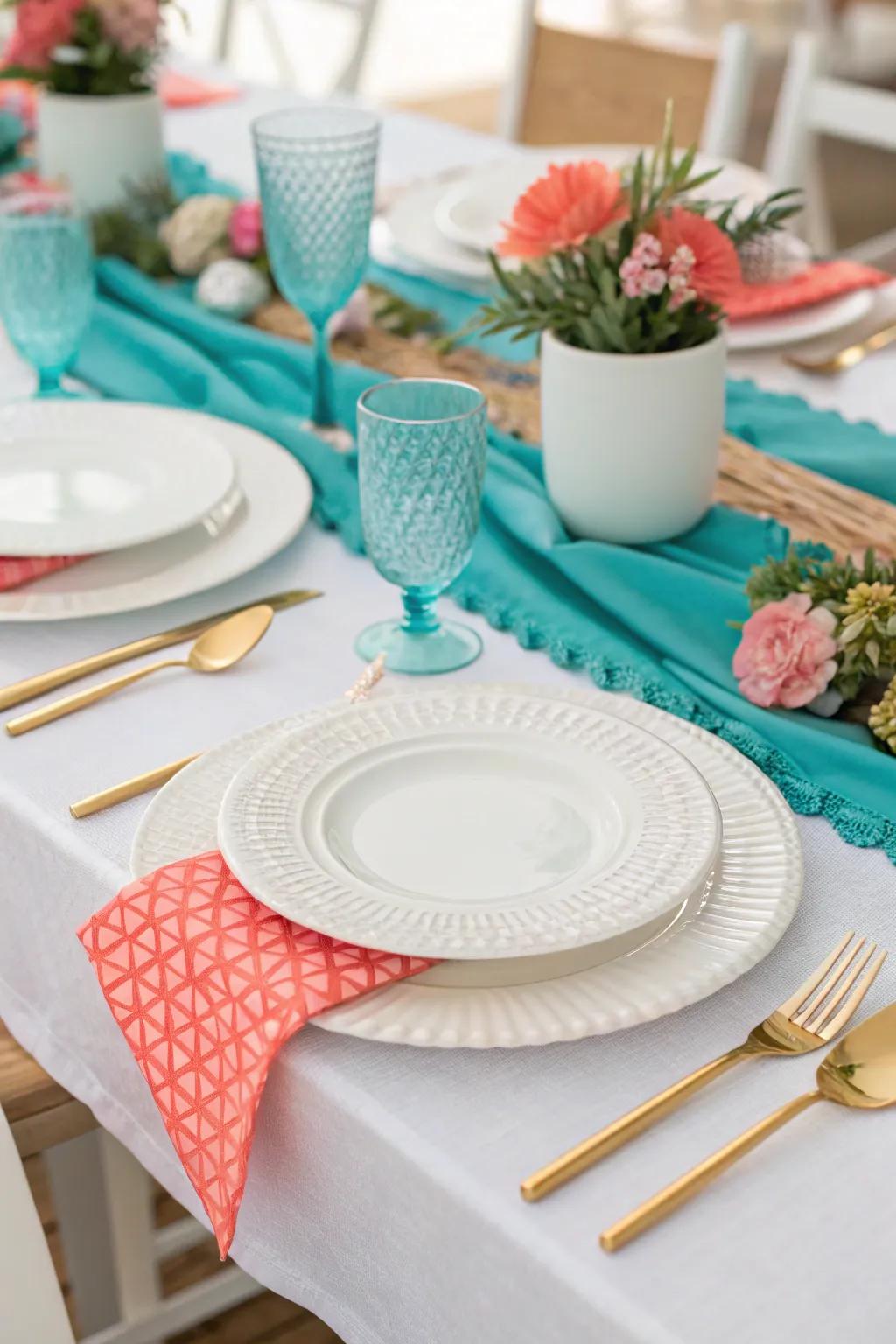 Aqua and coral together create a lively and cheerful atmosphere.