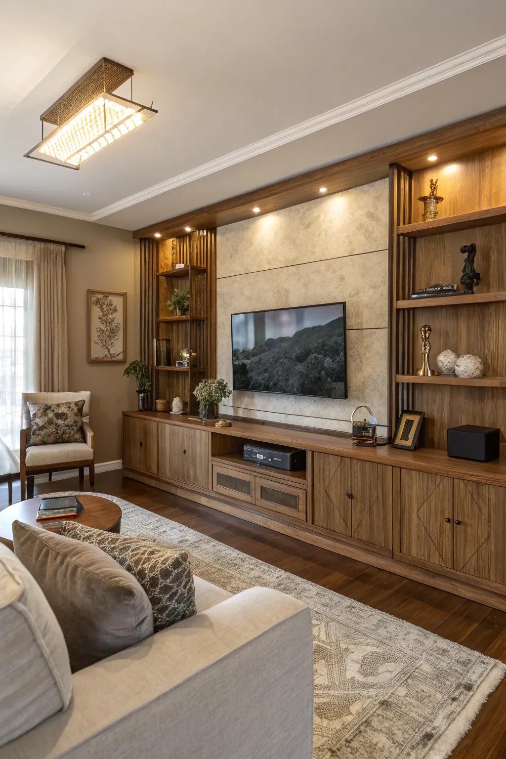 A varied mix of materials imparts character to this TV feature wall.