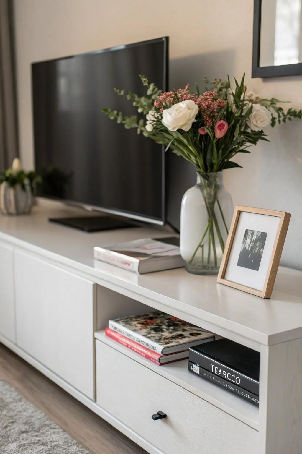 Minimalist approach with carefully chosen items on a TV stand.