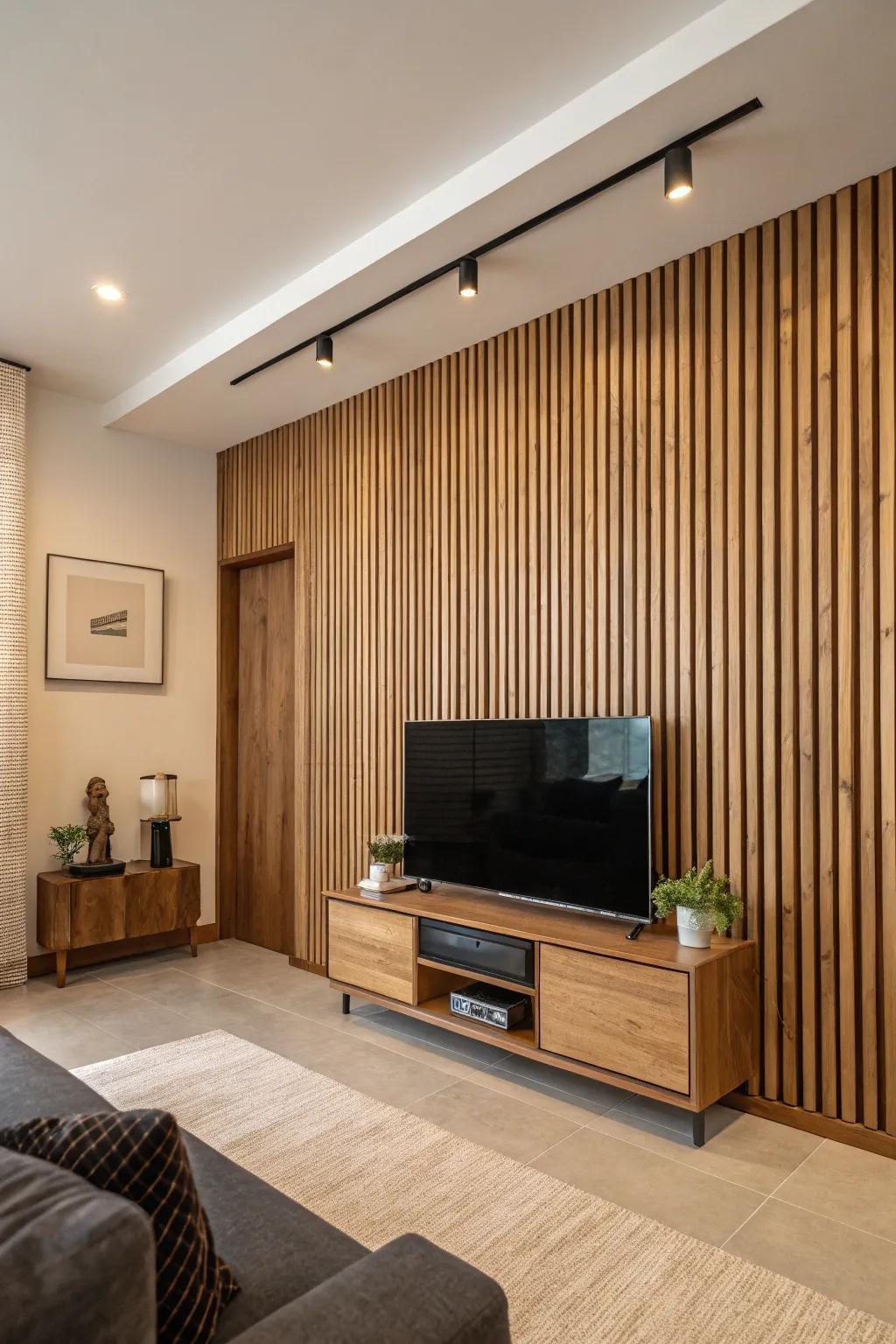 A stylish TV wall showcasing vertical wood panels.